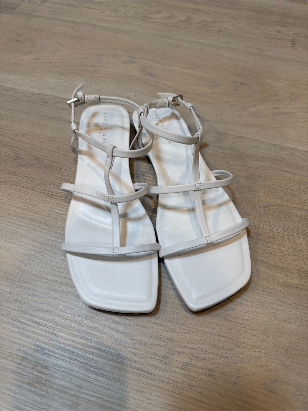 Marc Fisher White Strappy T‑Bar Square‑Toe Sandals